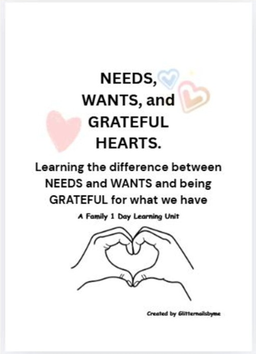 Needs, Wants, and Grateful Hearts family one-day printable learning unit