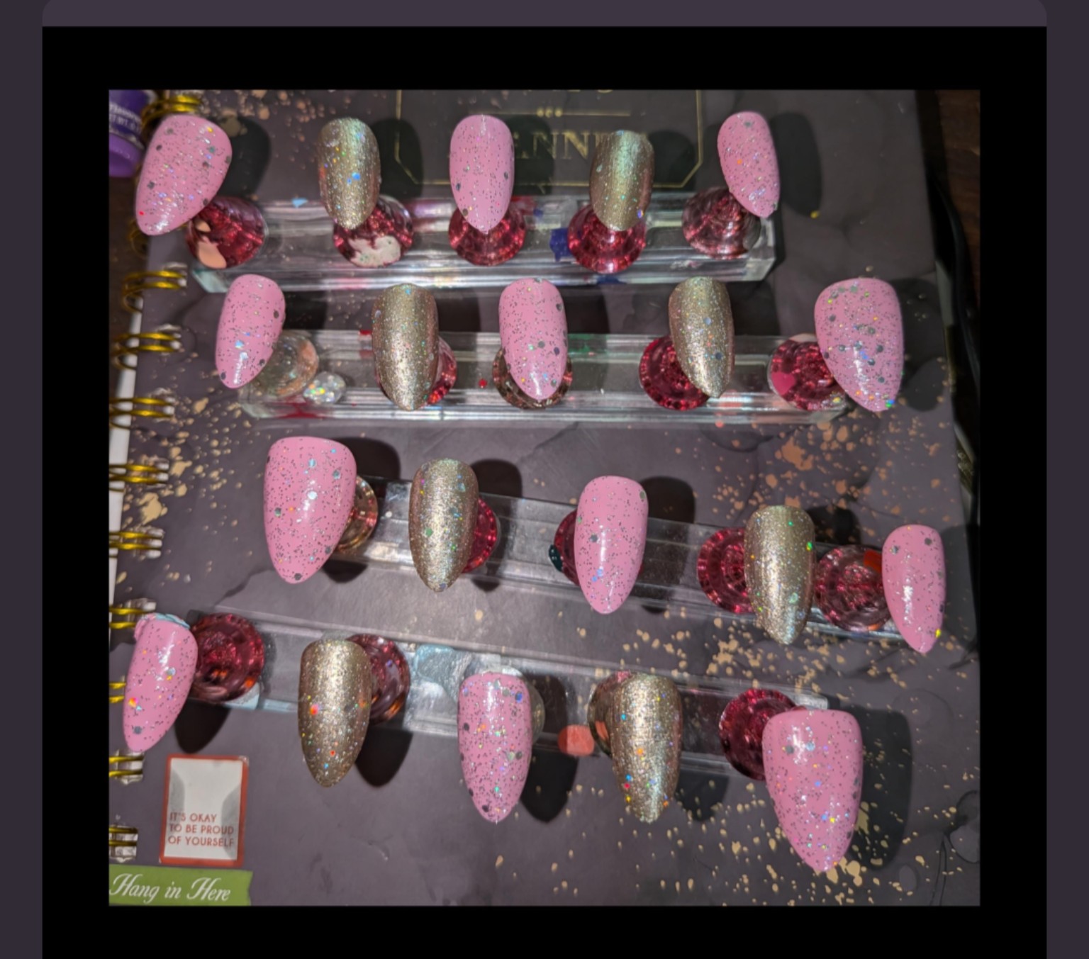 Pink and silver glitter press-on nails