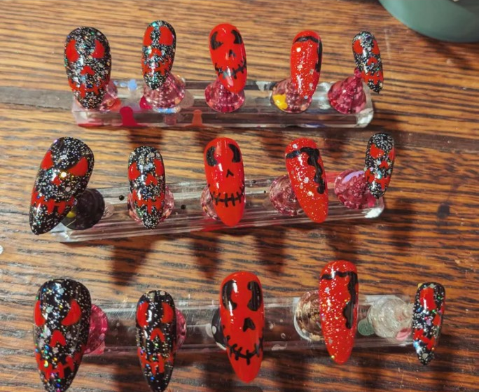 Stitched After Dark red and black Halloween press-on nails